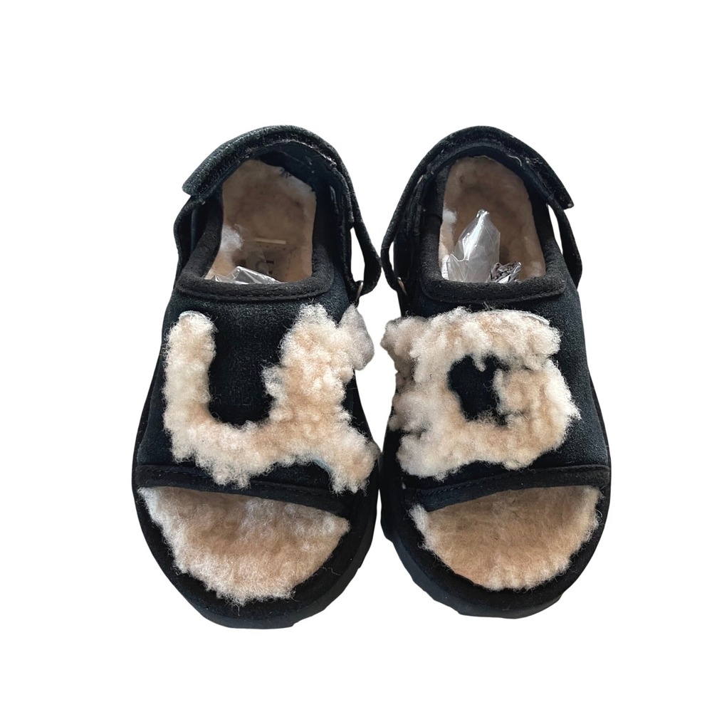 UGG Fluff Yeah Sandals Kids 8 Black Natural Fuzzy Logo Suede Slingback 1020316T